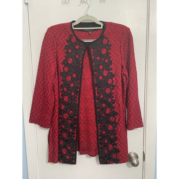 Ming Wang Marled Knit Cardigan Sweater XS Red Black Embroidered Country Club NWT - Picture 1 of 5
